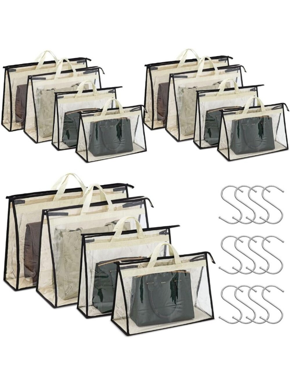 12 Clear Dust Bags for Handbags - Purse Storage Organizer with Zipper & Handles